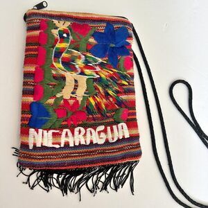 NICARAGUA Woven Bag Purse Cross Body Multicolor Embroidered Peacock Zip Bag